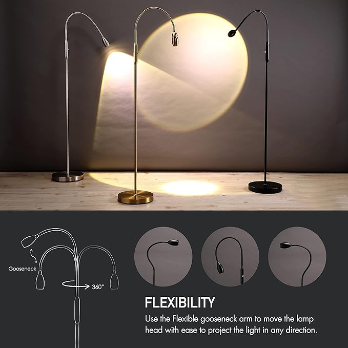 O’Bright Ray – Adjustable LED Beam Floor Lamp, Dimmable and Zoomable Spotlight, Flexible Gooseneck, Reading/Crafting Standing Lamp, Work Table Light, Matte Black