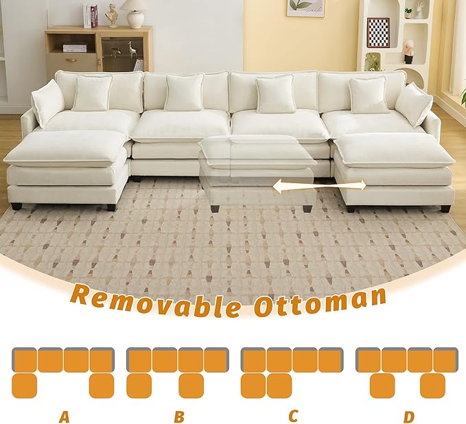 147'' Sectional Cloud Deep Seat Couch, Oversized Chenille U Shaped Sectional Sofa for Living Room Set, Comfy Upholstered Modular Sectional Sofa Couch with 2 Movable Ottoman, Beige