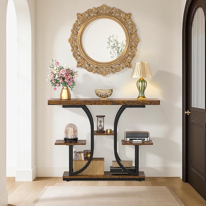 ikkle 42.5" Console Table, Industrial 4-Tier Sofa Table Entryway Table with Curved Base, Narrow Wood Accent Tables with Storage Shelves for Living Room, Hallway, Foyer, Rustic Brown