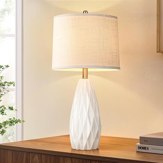 25'' Table Lamp White Table Lamps Modern Ceramic Lamps for Night Stand - Dimmable Bedside Lamps for Nightstand, Bedroom Lamp for Living Room Desk End Table Office Guest Room