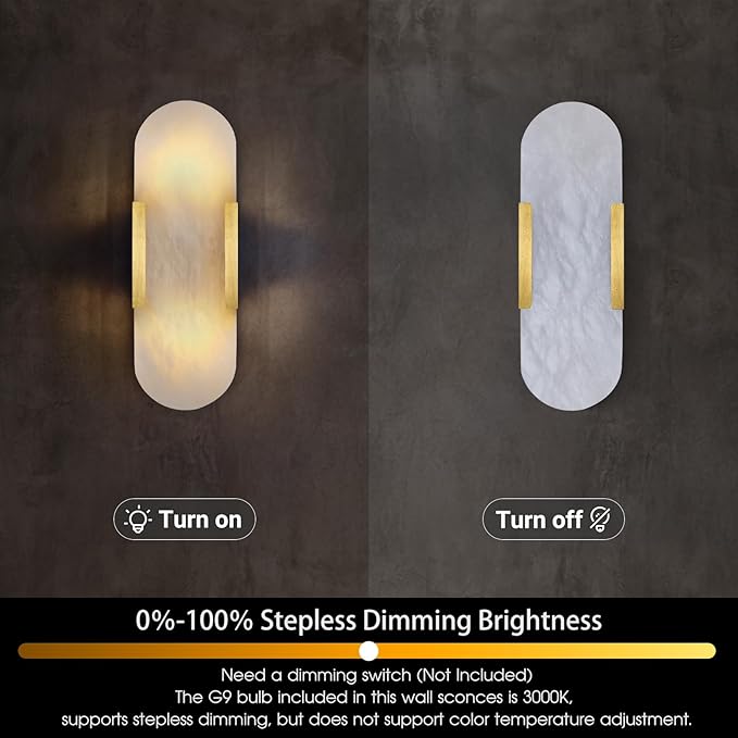 13.8 in Brass Alabaster Wall Sconces, Natural Marble Wall Sconces Set of Two Indoor Alabaster Sconces for Living Room Modern Alabaster Sconces Wall Lighting for Dining Room Stairs Bedroom