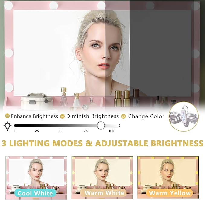 Makeup Vanity Desk with Large Lighted Mirror and Lights, Glass Top Vanity Table Set with 7 Drawers, Power Outlet & Storage Stool, Dressing Table with RGB Ambient Light for Women Girls Bedroom, Pink