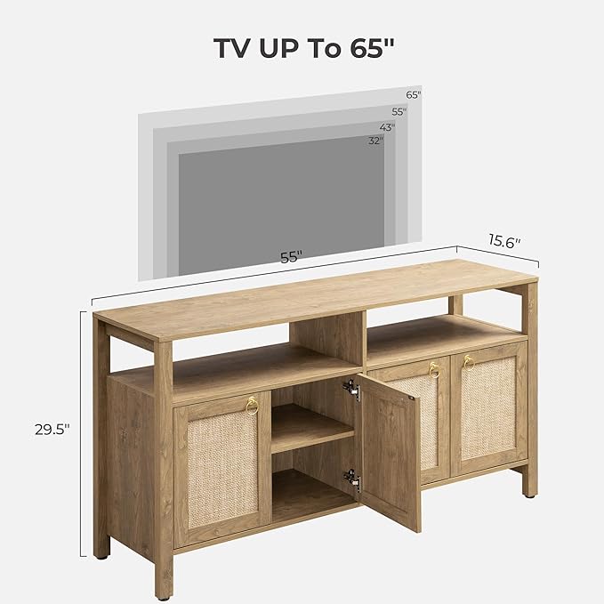 SICOTAS Rattan TV Stand for Television up to 65 Inch - 29.5" Tall Entertainment Center with Storage and Open Shelves,Boho Media TV Console Cabinet with 4-Doors and Adjustable Shelf for Living Room