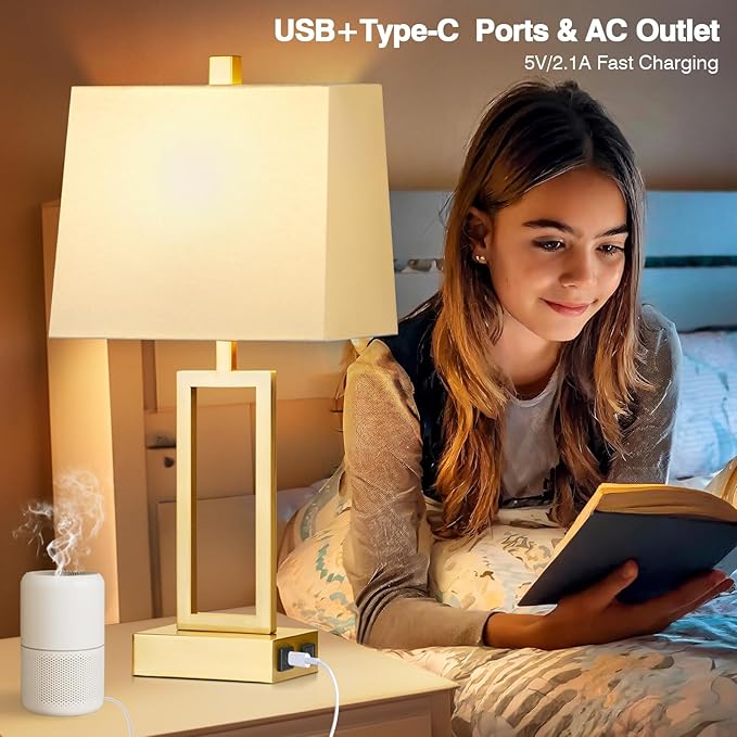 Touch Control Table Lamps Set of 2, Modern Gold Bedside Lamps with USB A+C Ports & AC Outlet, 3 Way Dimmable Contemporary Nightstand Lamps for Bedroom Living Room(LED Bulb Included)