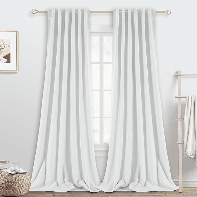 Ivory White Linen Blackout Curtains 96 Inch Length 2 Panels Set for Bedroom Back Tab Thermal Insulated 100% Black Out Linen Drapes Living Room Darkening Window Curtains 96 Inches Long 8 FT