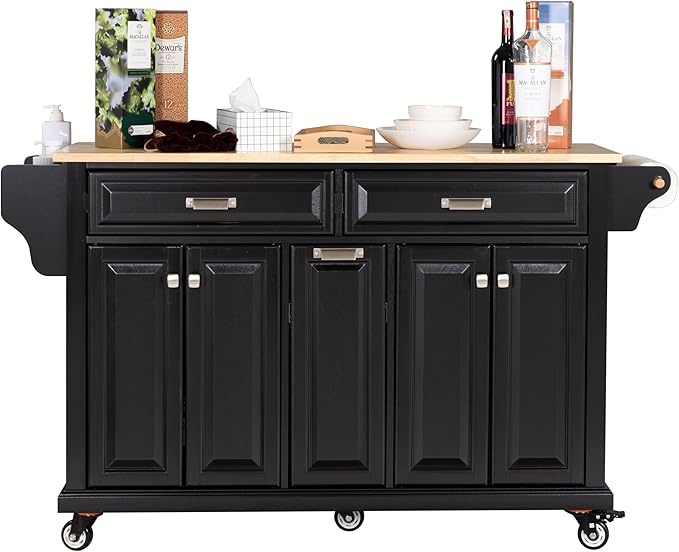 Cambridge Mobile Kitchen Island on Wheels with Storage and Wood top, Rolling Island with Spice Rack and Towel Holder, L60.5 x W18.13 x H36.75IN Island Table for Kitchen, (Black)