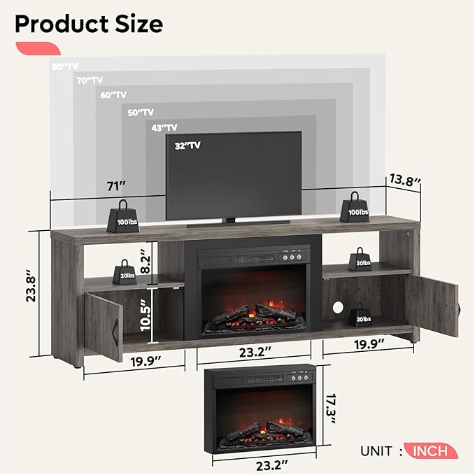 Bestier 70" Electric Fireplace TV Stand for TVs Up to 80", Modern Fireplace Entertainment Center with Storage Cabinets, LED Lights, Open Shelves and Cable Holes for Living Room, Grey