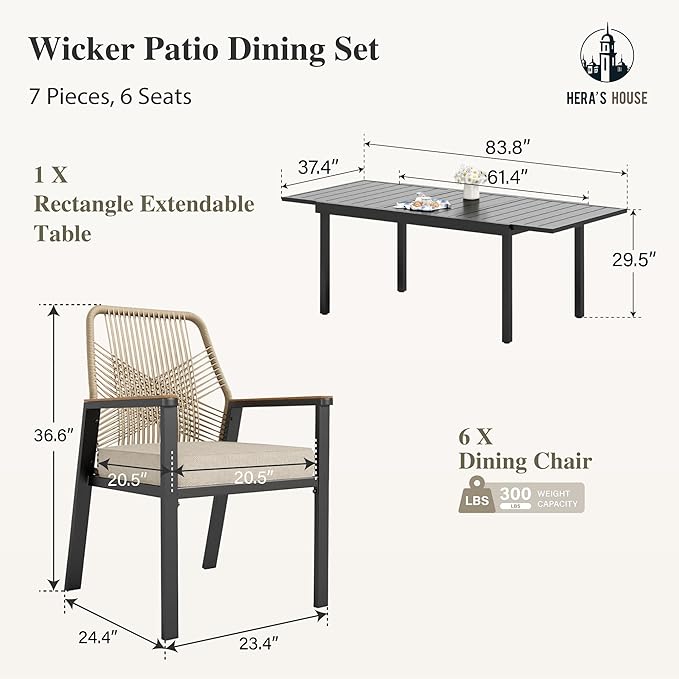HERA'S HOUSE 7 Pieces Patio Table and Chairs Set, Outdoor Dining Set for 7, 6 x Cushioned Woven Rattan Patio Chairs and 1 x 61”/84” Black Extendable Metal Table, Outdoor Rattan Dining Set for Lawn