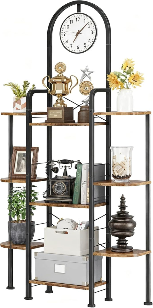 Bookshelf with Wall Clock, Triple Bookcase with Open Display Shelves, Industrial Style Book Shelves, Modern Display Shelf for Living Room, Bedroom, Home Office, Rustic Brown