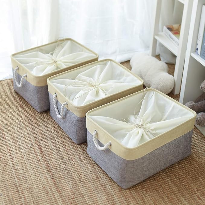 TheWarmHome Storage Baskets for Organizing, Extra Large-3Pack, 17.7L×13.8W×9.8H inch Large Sturdy Storage Bins, Decorative Storage Baskets for Shelves Closet Nursery (Gold&Grey)