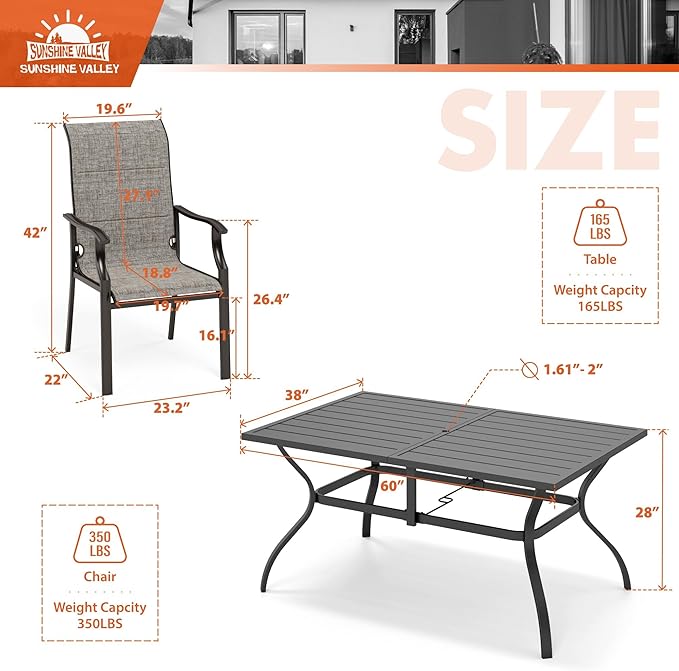 7 Piece Patio Dining Sets for 6, Outdoor Table and Chairs Set with Patio Dining Table(1.61-2" Hole) and 6 High Back Textilene Patio Dining Chairs, Outdoor Dining Sets for Deck Backyard