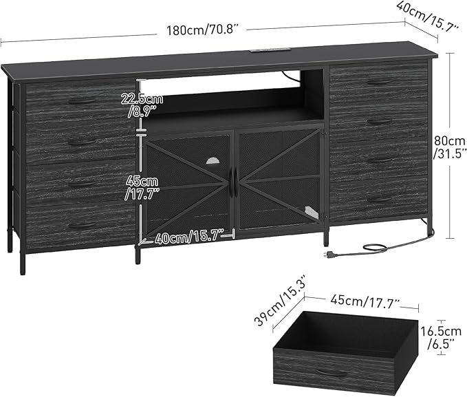 71" TV Stand Dresser for 85/80/75 Inch TV with Power Outlets and LED Lights, Long Dresser with 8 Fabric Drawers, Large Entertainment Center TV Console with Mesh Door for Bedroom, Black