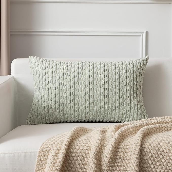 Kevin Textile Pack of 2 Corduroy Decorative Throw Pillow Covers 12x20 Inch Spring Soft Boho Striped Pillow Covers Modern Farmhouse Home Decor for Spring Sofa Living Room Couch Bed Light Green