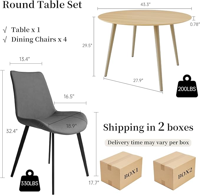 43.3 Inch Round Dining Table Set for 4, Modern Small Kitchen Coffee Set for Dining Room Kitchen Apartment (Cream Table + 4 Grey Chairs)