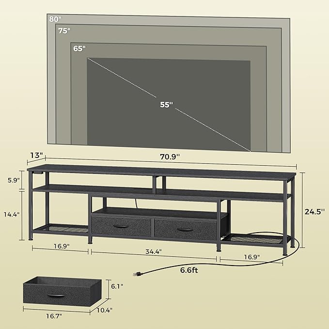 Huuger TV Stand for 75 80 Inch TV, Entertainment Center with Power Outlets and LED Lights, 70.9 Inch TV Console for Living Room, Media Console with Drawers and Shelves, Black