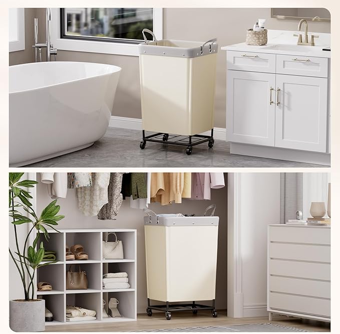 Lifewit 165L Laundry Basket with Wheels, Large Heavy Duty Commercial Rolling Laundry Hamper with Handles, Tall Steel Frame Laundry Cart for Laundry Room Bedroom Hotel Home Dorm, White