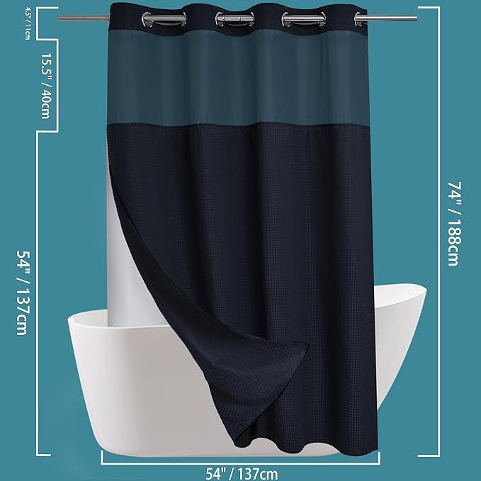 Conbo Mio Stall No Hook Waffle Weave Shower Curtain with Snap in Liner Set, Hotel Luxury Black Shower Curtains for Bathroom with See Through Top Window, Waterproof, Washable 54W x 74H