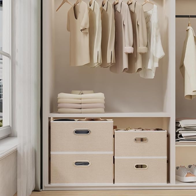 Yawinhe Foldable Storage Baskets for Shelves, Fabric Closet Organizers, Bins with 3 Handles, Cubes for Clothes, Beige, 15''Lx9.8''Wx8.3''H, 6-Pack