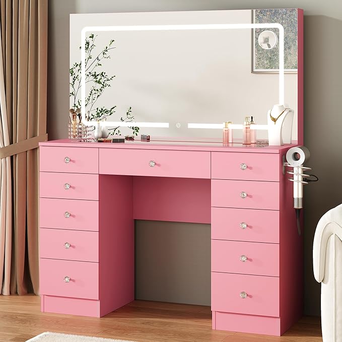 Vanity Mirror with Lights, Vanity with Lighted Mirror, 11 Drawers Makeup Vanity Desk with 3 Lighting Modes Adjustable Brightness, Pink Vanity with Glass Top for Bedroom
