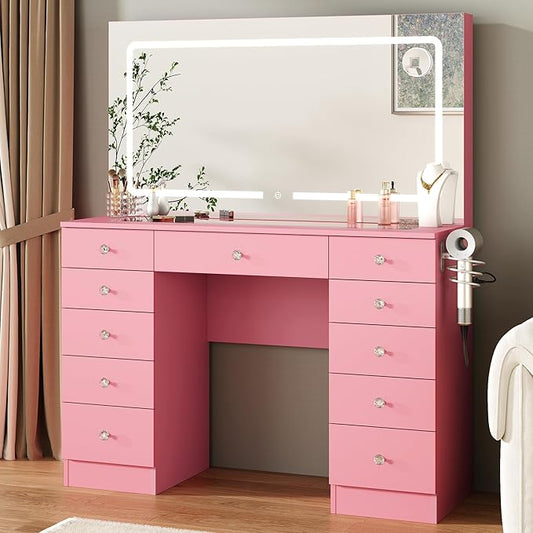 Vanity Mirror with Lights, Vanity with Lighted Mirror, 11 Drawers Makeup Vanity Desk with 3 Lighting Modes Adjustable Brightness, Pink Vanity with Glass Top for Bedroom