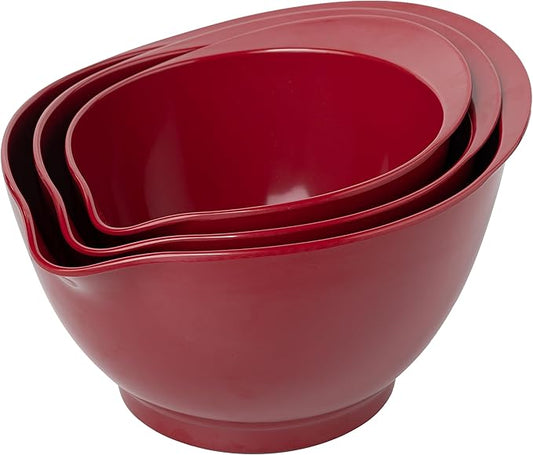 LEHAHA Set of 3 Melamine Mixing Bowls with Pour Spout, Non-Slip, BPA Free, Nesting large Serving Bowl with big handle for Prepping, Baking, Cooking, Kitchen Cooking and Baking Supplies, Burgundy Red