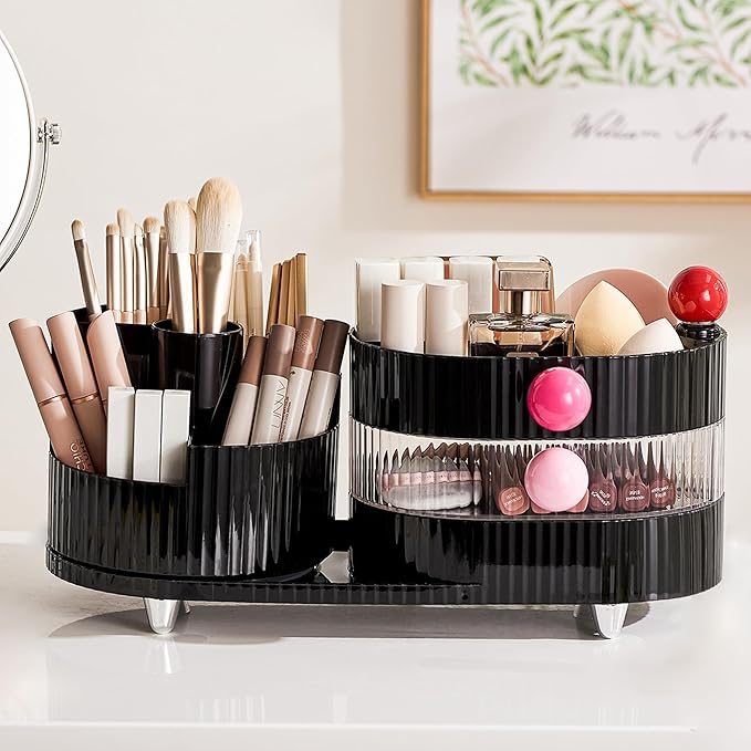 Makeup Organizer Countertop for Vanity with 360° Rotating Brush Holder, 3 Layer Cosmetic and Jewelry Storage, Makeup Display Case for Skincare&Perfume, Black
