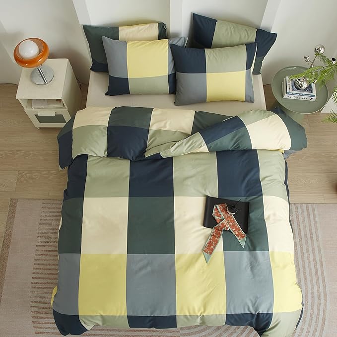 mixinni Queen Comforter Set Men Boys Geometric Checkered Plaid Printed Bedding Comforter for All Season Soft Lightweight Bedding Set-(Queen Size, Green,Yellow,Khaki)