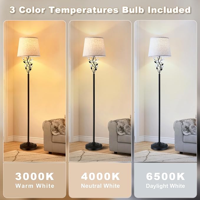 Sheeta 65’’ Floor Lamps for Living Room with 3 Color Temperatures LED Bulb, Standing Lamp Tall Farmhouse Floor Lamp with Rustic Leaf Design, Tall Lamps for Living Room Bedroom Office Reading, Black