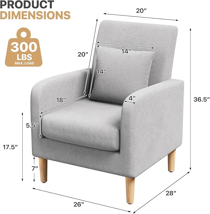 Magshion Mid-Century Accent Chair for Living Room, Comfy Reading Chair for Bedroom, Upholstered Linen Fabric Armchair Single Sofa with Back Pillow & Wood Legs, 300 lbs Capacity, Gray
