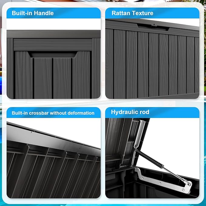 80 Gallon Resin Deck Box Storage Outdoor Waterproof Boxes Lockable UV Resistant Container for Patio Furniture Cushions Pool Supplies Garden Tool Sports Equipment Outside Storage Delivery