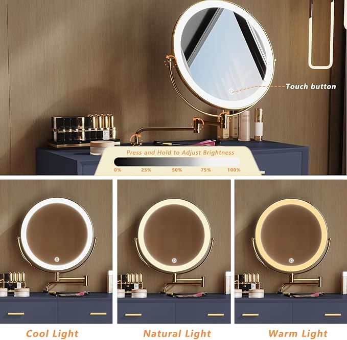 Vanity Desk with Adjustable Mirror and Lights, Makeup Desk with Drawers and Chair, Dressing Table Set with Leather Surface, Small Vanity Table for Bedroom, 3 Lighting Modes (Blue)