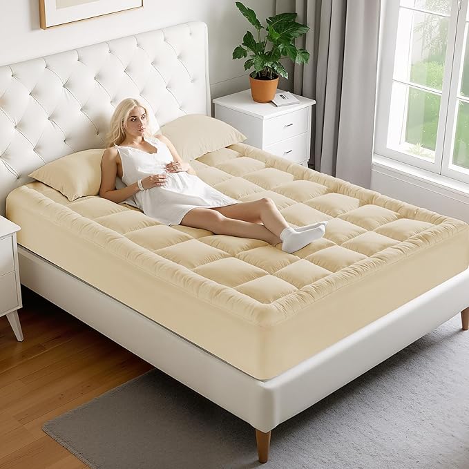 MATBEBY California King Quilted Fitted Mattress Pad - Breathable, Fluffy, Cooling, Deep Pocket, Machine Washable, Beige