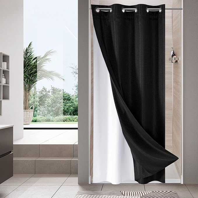 MitoVilla Black Waffle Small Stall Shower Curtain 36 x 74, No Hooks Required Half Size Narrow Fabric Cloth Shower Curtain Set with Snap-in Liner for Modern Bathroom Decor