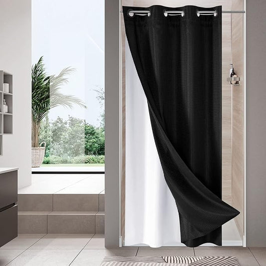 MitoVilla Black Waffle Small Stall Shower Curtain 36 x 74, No Hooks Required Half Size Narrow Fabric Cloth Shower Curtain Set with Snap-in Liner for Modern Bathroom Decor