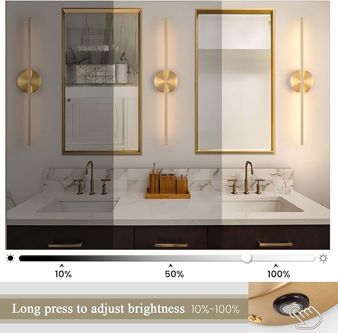 Wireless USB Rechargeable LED Wall Sconce Light (Set of Two), Cordless Dimmable 3-Light Option, 360⁰ Rotateable with Remote Control for Bedroom, Bathroom, Living Room & Hallway (Gold)