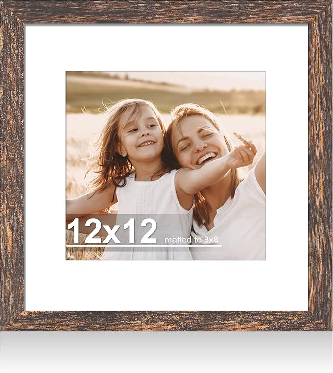 12x12 Picture Frame with Real Glass - 8x8 Wooden Frame with Mat, Horizontal and Vertical Display for Wall or Tabletop (Rustic Brown, 1 Pack)