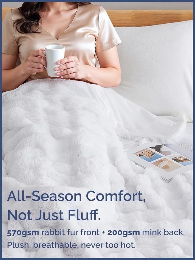 Fluffy Throw Blanket King Size - Faux Fur Throw for Couch or Bed - Ultra Plush Soft Extra Thick Faux Fur Rabbit Blanket - Comfy, Warm & Breathable - Luxury Minky Tie Dye Bedding - 90" x 108", White