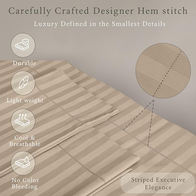 Threadmill 500 Thread Count King Size Damask Stripe, 4 Pc Luxury Cotton Bedsheet Set, Silky Soft Light Beige Sheets with 16" Elasticized Deep Pocket, 2 Pillowcases & Free Tote Bag