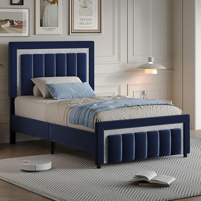 HOMBCK Twin Bed Frame with Headboard and Footboard, Upholstered Bed Frame Twin Size with Diamond Design, No Box Spring Needed, Easy Assembly, Blue