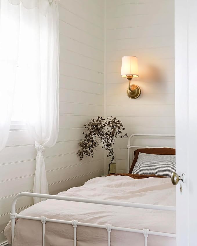 Vintage Fabric Wall Sconce with Funnel White Cloth Shade, E26 Hardwired Indoor 1-Light Wall Mounted Lamp Fixture for Living Room Bedroom Dining Room Hallway