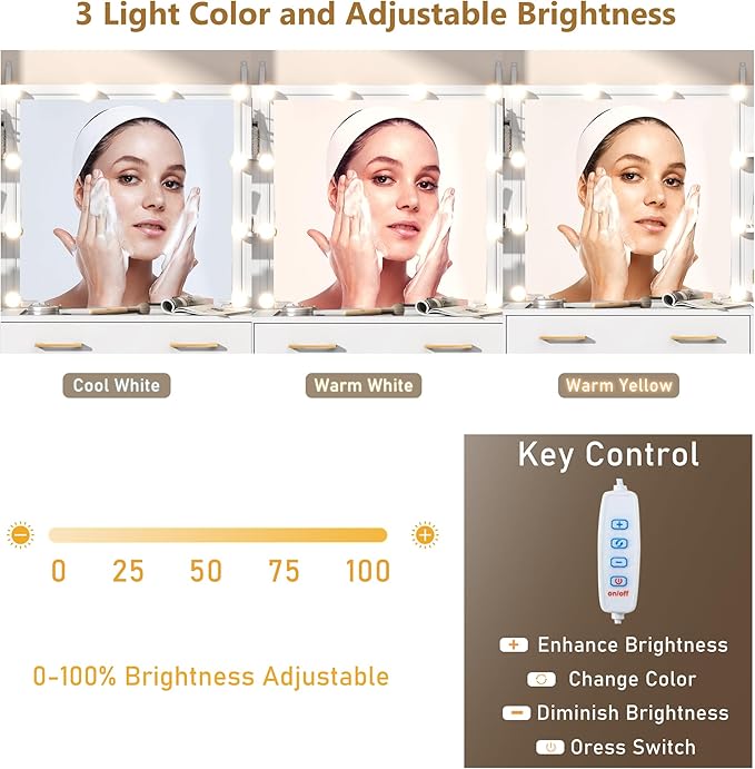 55 in Glass Top Vanity Desk with Mirror and Lights, Large Vanity Makeup Mirror Desk with Charging Station Compartment Storage Drawers, Modern Makeup Vanity with 9 Drawers 6 Shelves, Black