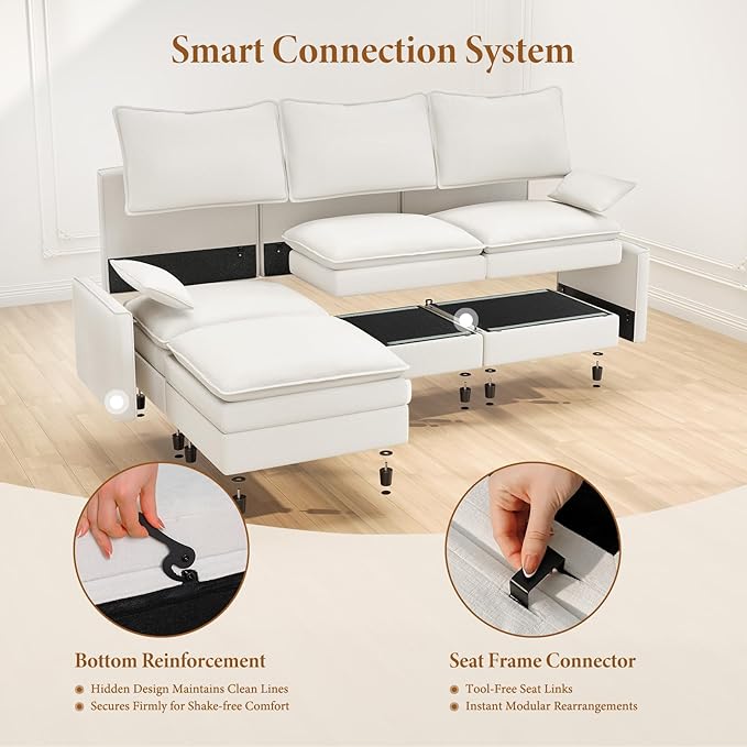 Vesgantti 108" U Shaped Sectional Couch, Comfy Cloud Modular Sectional Sofa with 2 Ottoman Deep Seat Chenille Modern Cloud Sofa, Modular Sofas for Living Room, Bedroom and Apartment, Snow White