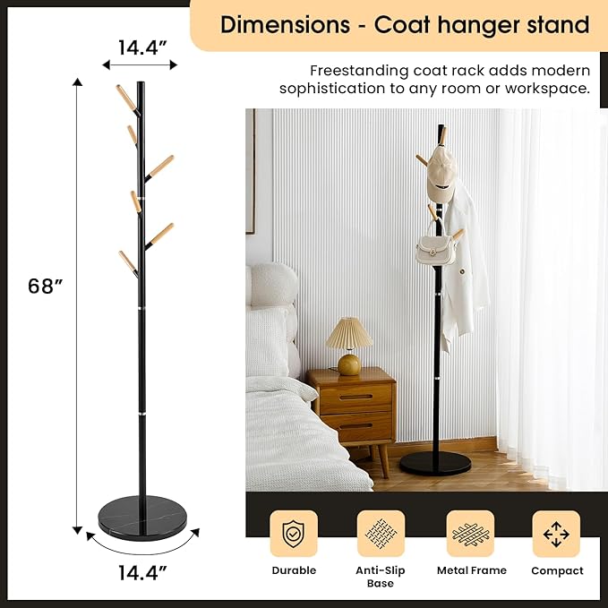 A&M Coat Rack Freestanding with 6 Wooden Hooks & Marble Base - 18 lbs Metal Coat Tree Stand for Hanging Clothes, Hats, Bags, & Jackets - Heavy Duty Purse Rack Stand for Entryway, Bedroom & Office