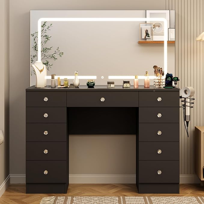 Vanity Mirror with Lights, Black Vanity with Lighted Mirror, 11 Drawers Makeup Vanity Desk with 3 Lighting Modes Adjustable Brightness, Vanity with Glass Top for Bedroom