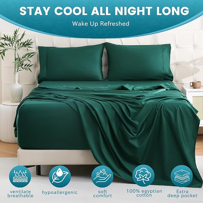 Bedlifes California King Sheet Set, Extra Deep Pocket 18-24 Inches, 1000Thread Count 100% Egyptian Cotton, Soft and Breathable 4-Piece,Dark Green