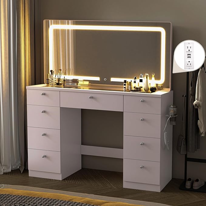 46" Makeup Vanity with Mirror, Glass Top Makeup Vanity Desk with Power Outlet and 9 Drawers, 3 Color Lighting Modes for Bedroom, White
