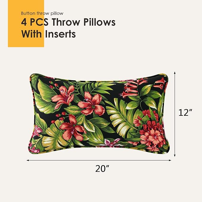 Outdoor Decorative Pillows Pack of 4, 20" x 12" Outdoor Pillow Set for Couch Bed Throw Patio Sofa, Red Flower Green Leaf