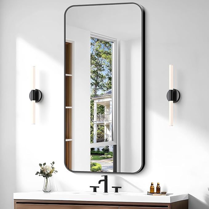 Bathroom Mirror, 48 x 24 inch Black Rectangle Wall Mirror, Metal Framed Rectangular Vanity Mirror, Rounded Corner Wall Mounted Mirror for Modern Bedroom Living Room Horizontal/Vertical