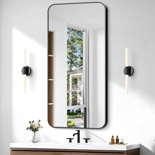 Bathroom Mirror, 48 x 24 inch Black Rectangle Wall Mirror, Metal Framed Rectangular Vanity Mirror, Rounded Corner Wall Mounted Mirror for Modern Bedroom Living Room Horizontal/Vertical