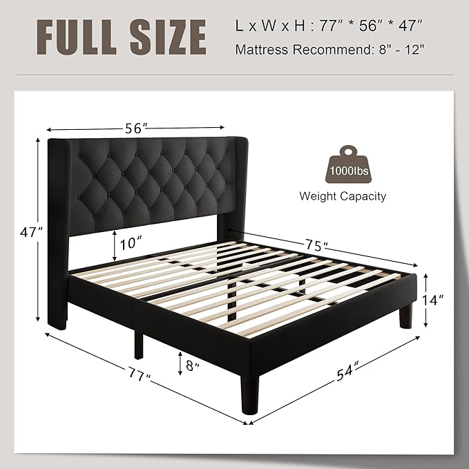 Full Size Upholstered Bed Frame with Wingback Headboard, Fabric Linen Platform Bed, 8" Under Bed Storage, Wooden and Metal Slats Support, No Box Spring Needed, Noise Free, Black